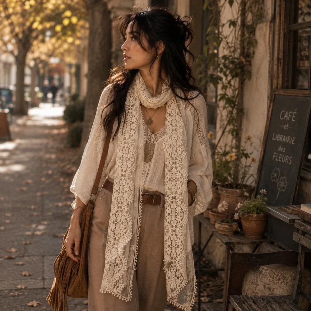 Retro Cream Floral Crochet Lace Mesh Skinny Scarf Scalloped Trim Romantic Shawl